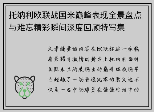 托纳利欧联战国米巅峰表现全景盘点与难忘精彩瞬间深度回顾特写集