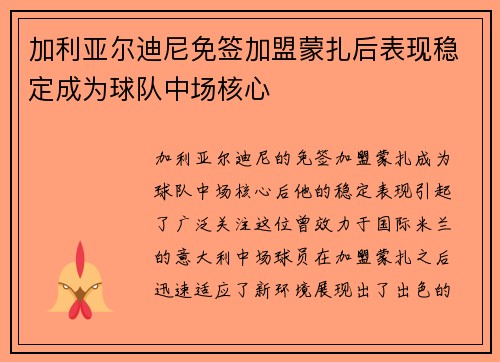加利亚尔迪尼免签加盟蒙扎后表现稳定成为球队中场核心